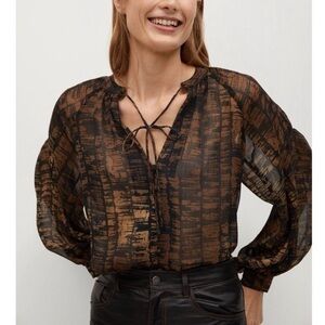 mango Printed Pleated Blouse Brown Black